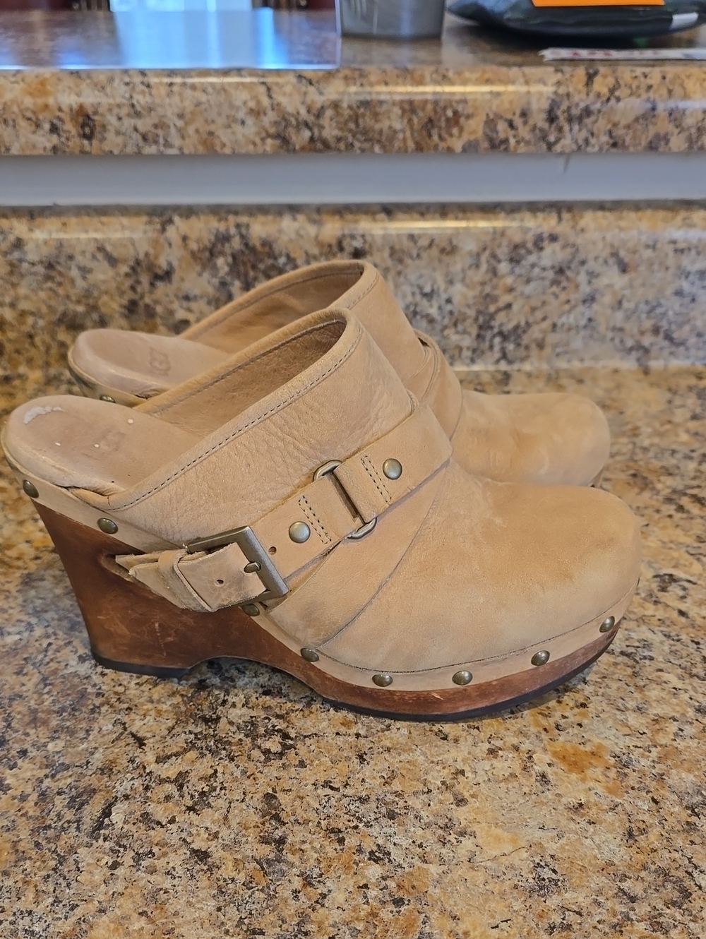UGG Womens Size 6 Tan Suede Clog Mules with Studded Buckle Strap
